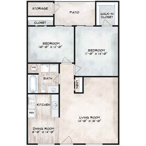 Floor plan for 2 beds, 1 bath, 908 sqft